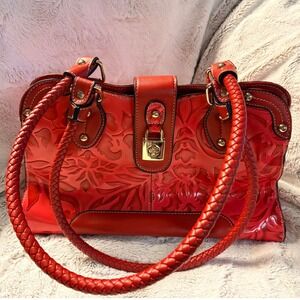 MC Embossed Floral Purse Red Leather Gold Lock Braided Handle Western‎ Whimsy